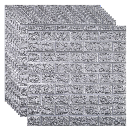 Placas Autoadhesivas 3D Color Gris Plata Para Pared 70x77cm 5mm – Revestimiento Impermeable de PVC, Fácil Instalación, Textura Tipo Ladrillo, Recortable y Decorativo Para Cocina, Living y Dormitorio