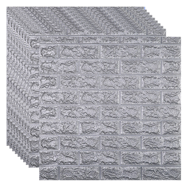 Placas Autoadhesivas 3D Color Gris Plata Para Pared 70x77cm 3mm – Revestimiento Impermeable de PVC, Fácil Instalación, Textura Tipo Ladrillo, Recortable y Decorativo Para Cocina, Living y Dormitorio